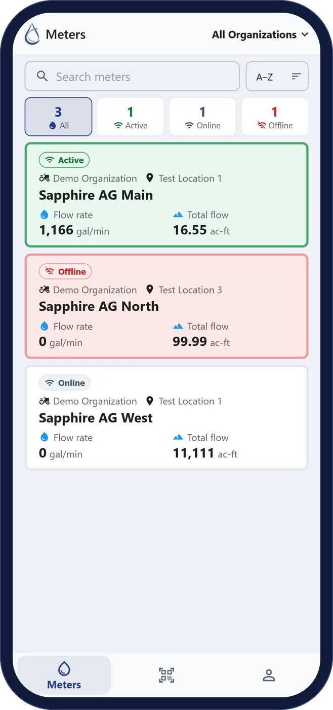 The WaterSen mobile app listing every meter with its active, online or offline status