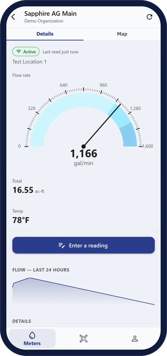 The WaterSen mobile app showing one meter: a live flow gauge, total, temperature and an Enter a reading button